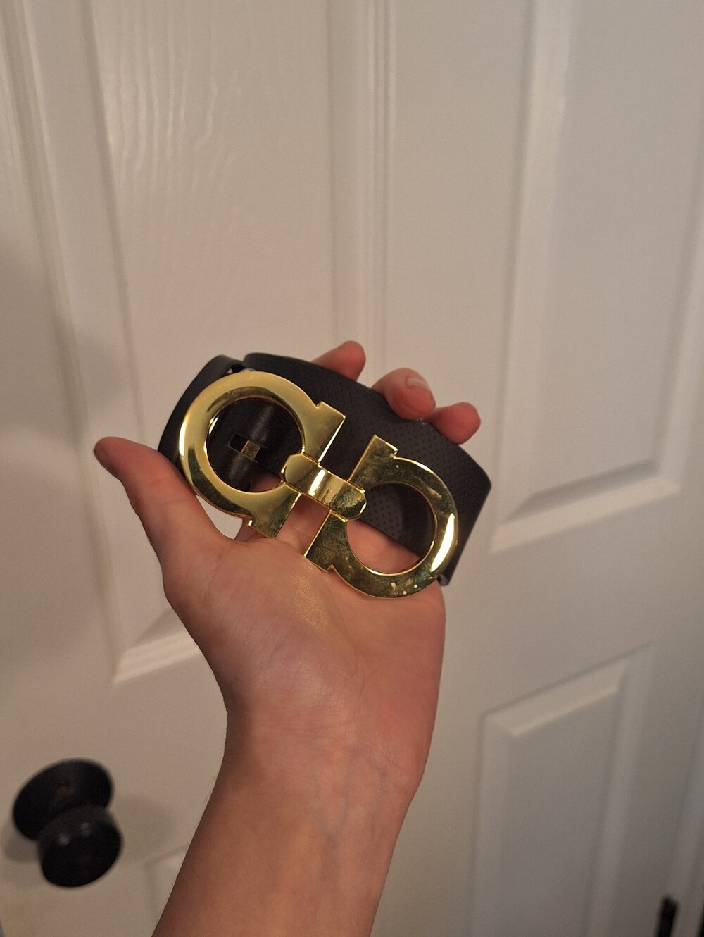 Copy-Black Leather Belt with Gold Double-Gancini Buckle